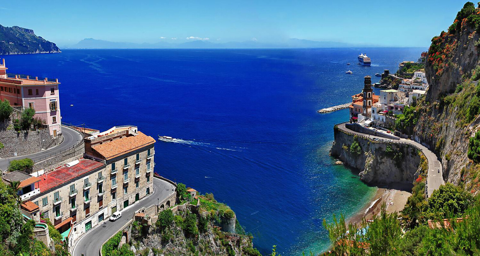 Aerial view of the Amalfi Coast with villages perched above the sea