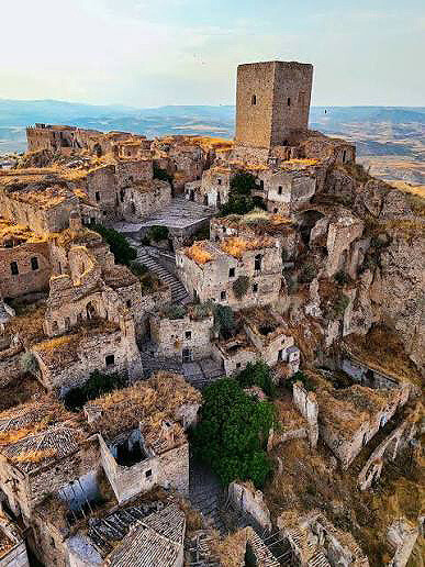 Aerial view of Craco, the abandoned hilltop ghost town in Basilicata