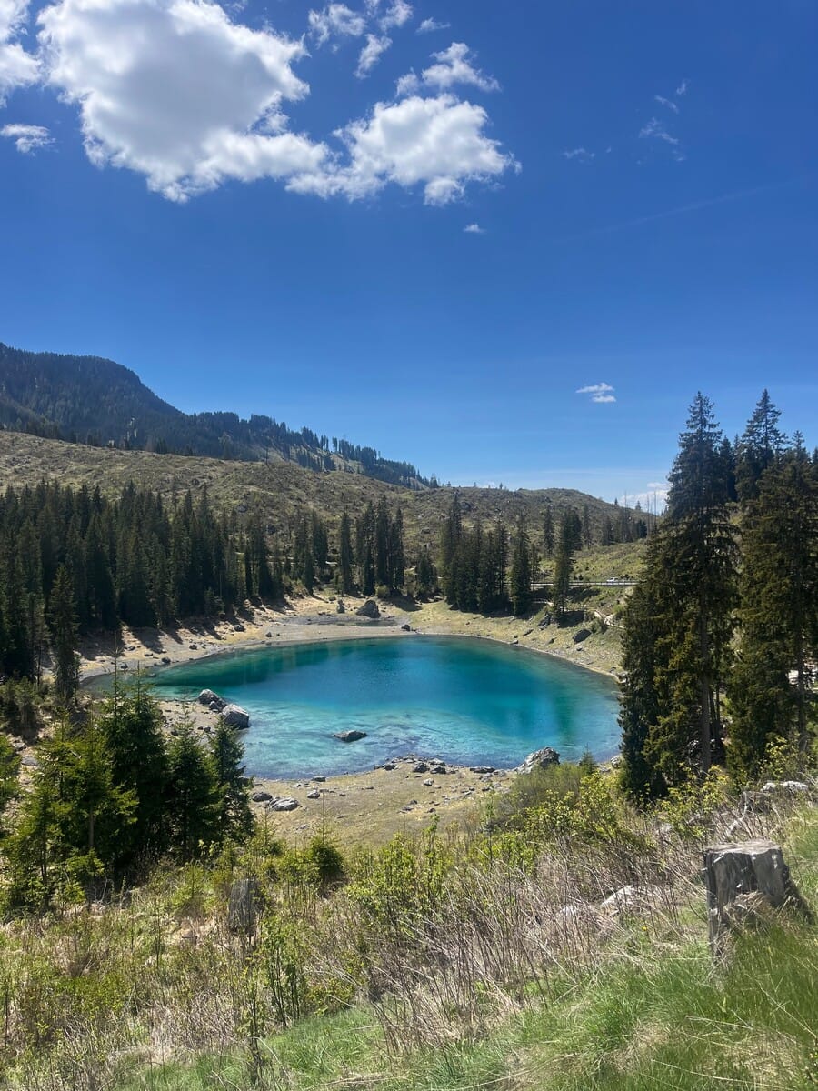 Aerial view of the turquoise waters of Lake Carezza