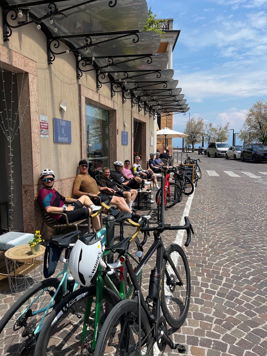 Bikes parked at a rest stop during the Dolomites cycling week
