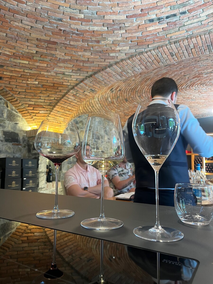 Wine glasses set out during a tasting stop on the ride