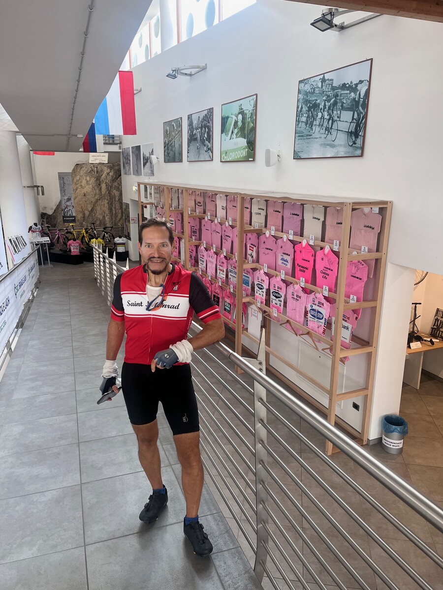 Pink jerseys on display at the Ghisallo Cycling Museum