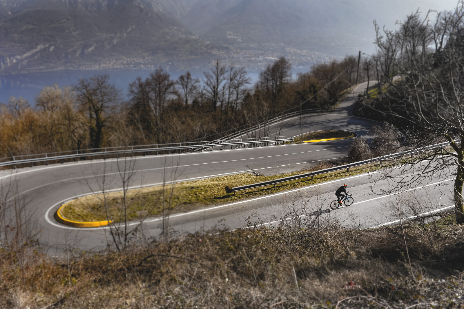 Aerial view of the switchback climb up to the Ghisallo