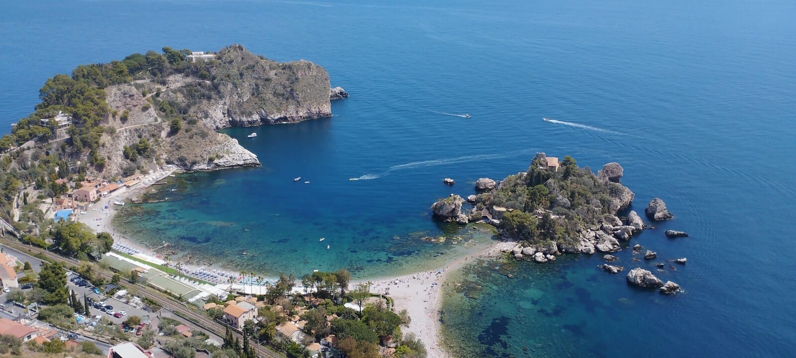 Aerial view of Isola Bella in Taormina