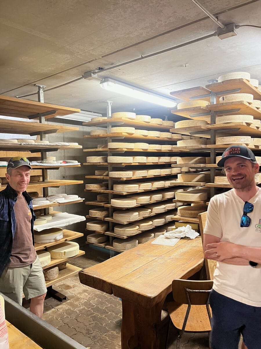 Traditional Valtellina cheese on display during a tasting stop