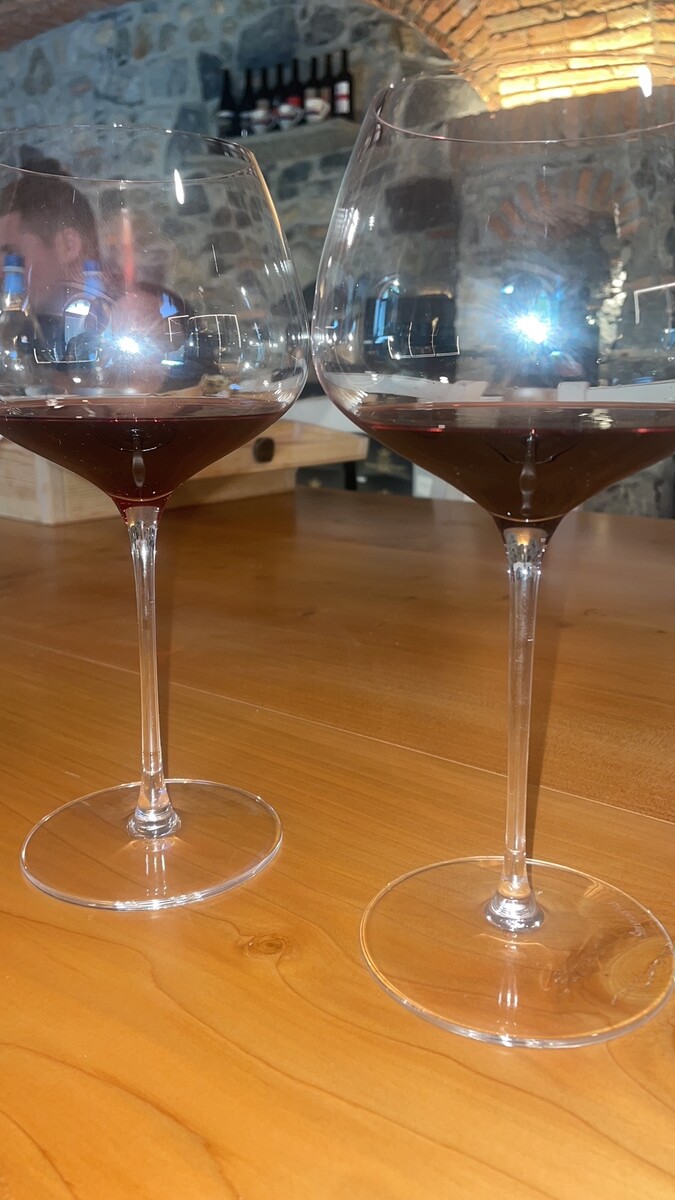 Wine glasses set out on a wooden table for tasting