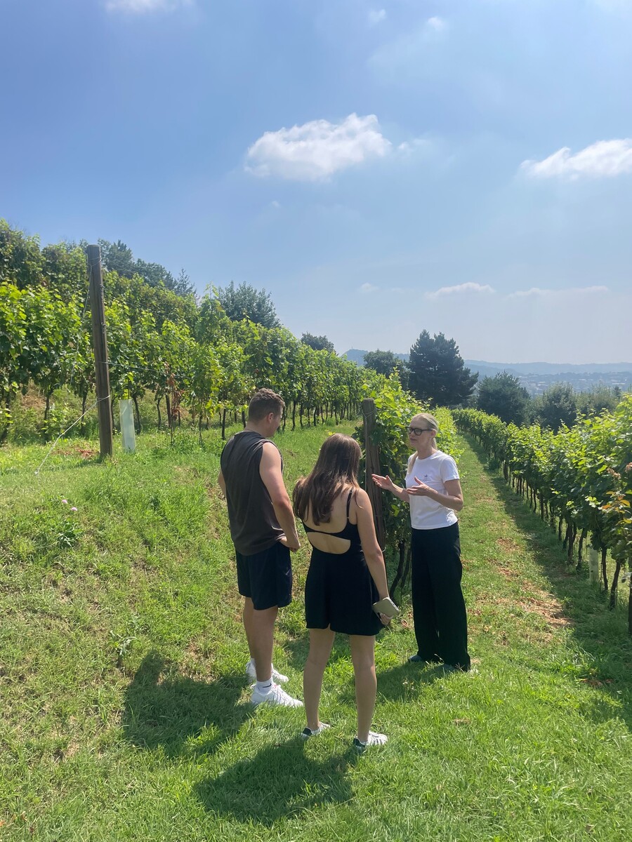 Sommelier walking with a guest through the vineyard